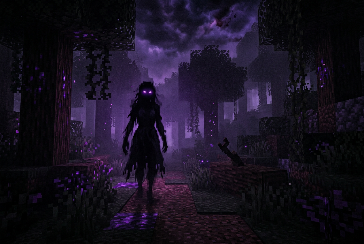 Verity mod dark horror atmosphere — shadowy figure in misty Minecraft forest